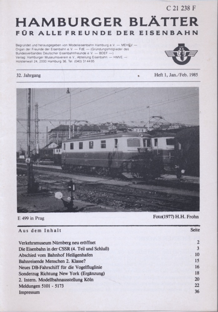 Freunde der Eisenbahn e.V. Hamburg  Hamburger Blätter für alle Freunde der Eisenbahn, 32. Jahrgang 1985: 8 Hefte (=kompl. Jahrgang). 