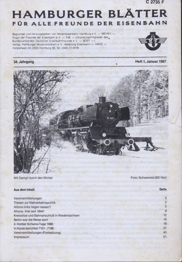 Freunde der Eisenbahn e.V. Hamburg  Hamburger Blätter für alle Freunde der Eisenbahn, 34. Jahrgang 1987: 8 Hefte (=kompl. Jahrgang). 