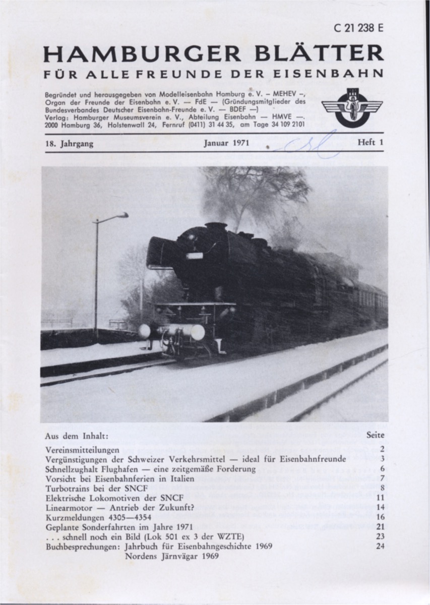 Freunde der Eisenbahn e.V. Hamburg  Hamburger Blätter für alle Freunde der Eisenbahn, 18. Jahrgang 1971: 8 Hefte (=kompl. Jahrgang). 