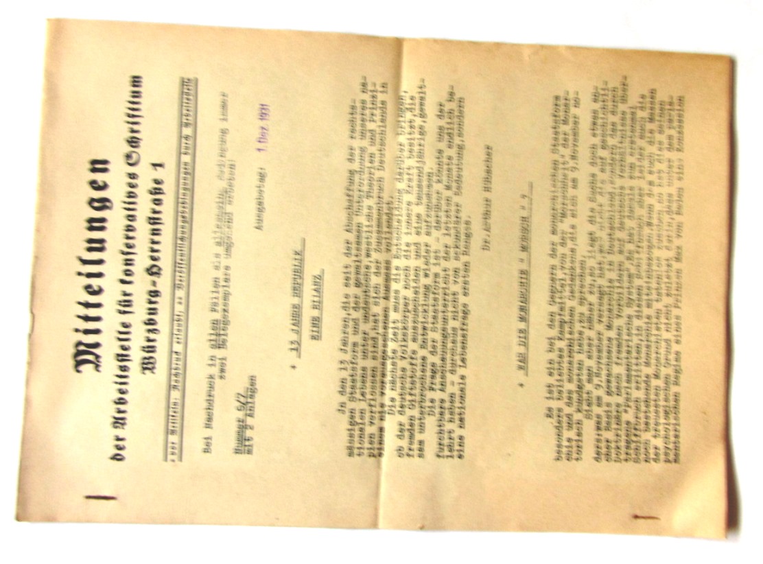 Arbeitsstelle für konservatives Schrifttum:  Mitteilungen Nr. 6/7 vom 1.12.1931. 13 Jahre Republik - eine Bilanz. U.v.a. 