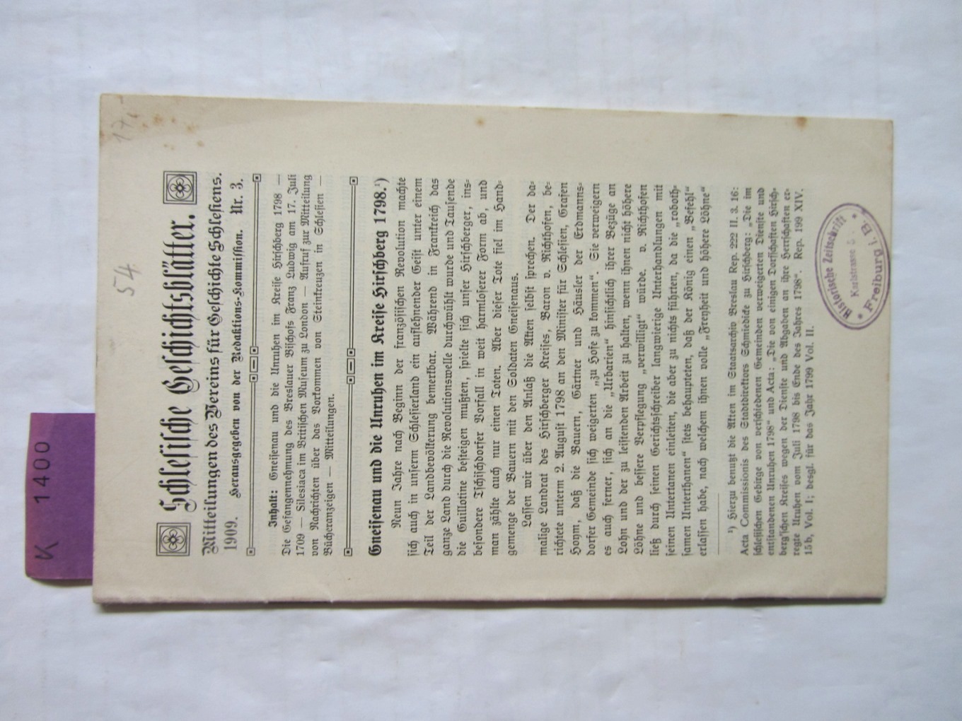 Stenzel, H.:  Gneisenau und die Unruhen im Kreise Hirschberg 1798. In: Schlesische Geschichtsblätter.  Mitteilungen des Vereins für Geschichte Schlesiens. Jg.1909, Nr.3., S.49-60. 