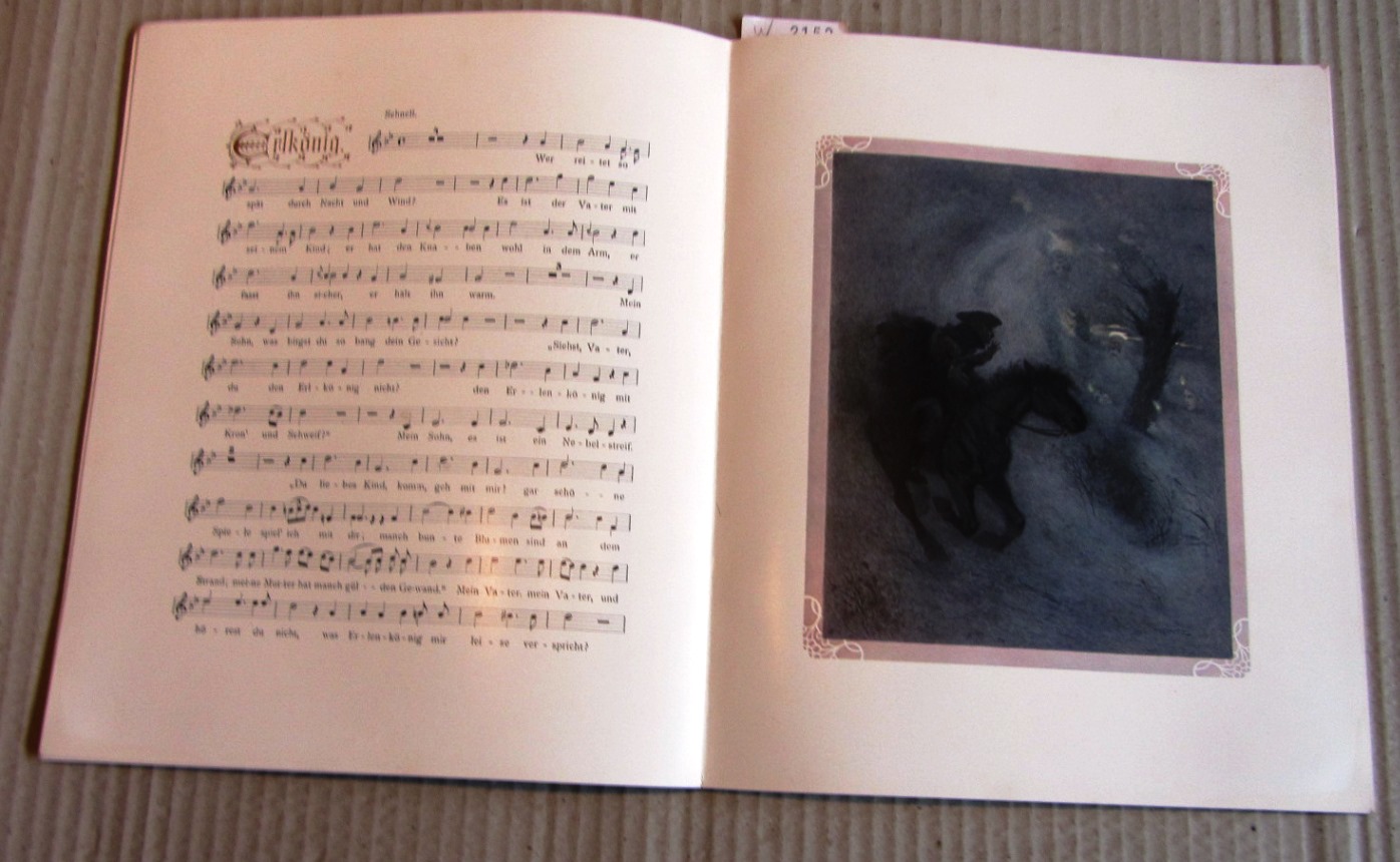 Anonym:  Schubert-Kalender für 1909. 12 Lieder von Franz Schubert. Mit 12 tls. farb. ganzs. Illustrationen von Hans Printz. Mit Noten und floralem Buchschmuck. 