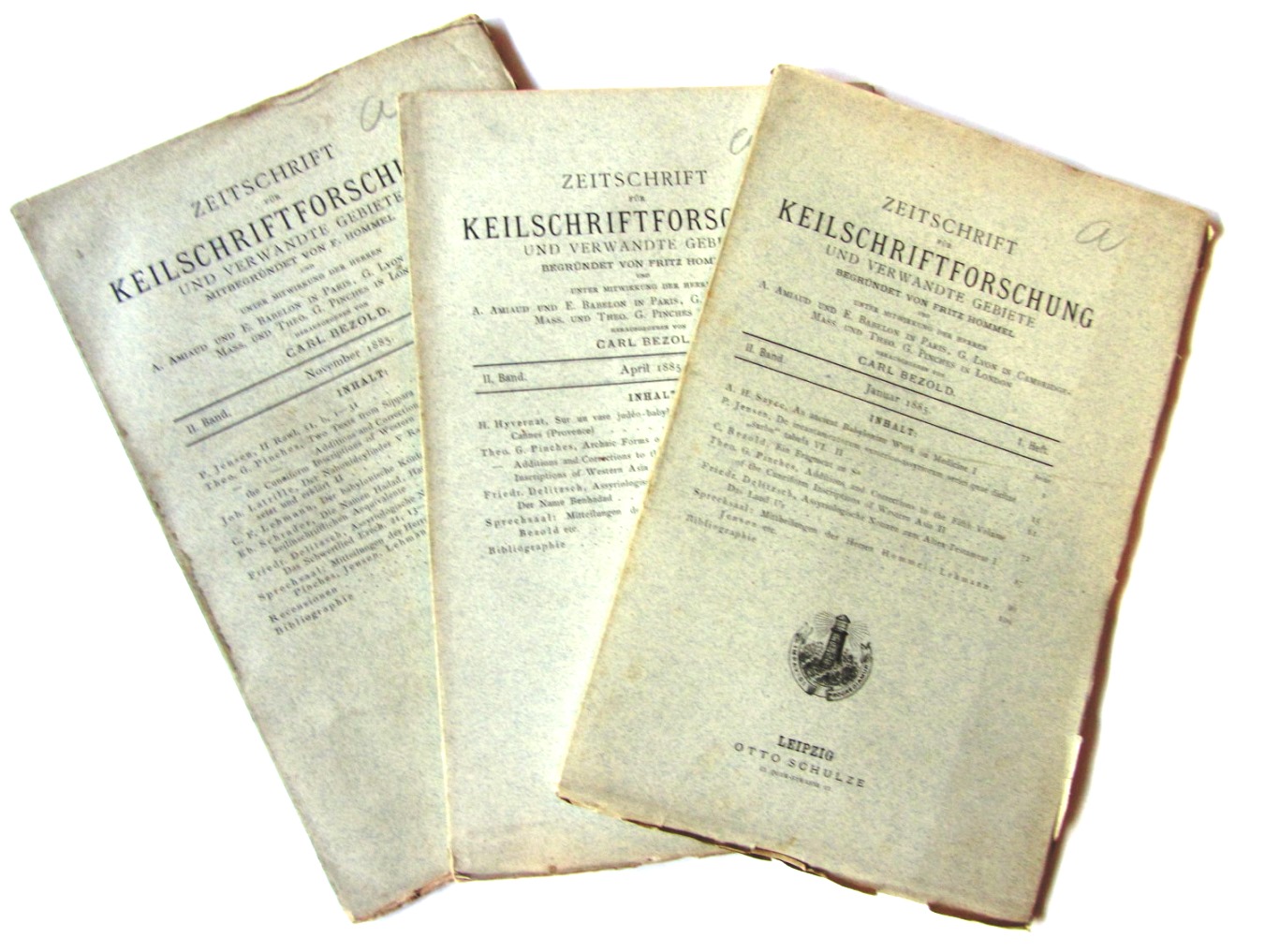 Bezold, Carl (Hrsg.):  Zeitschrift für Keilschriftforschung und verwandte Gebiete. II. Band, Hefte 1,2 und 4 (3 Hefte). 