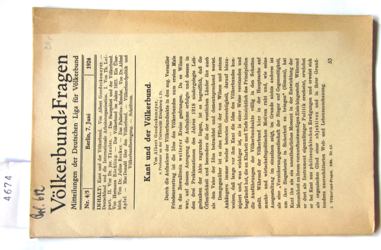 Apfel, Alfred:  Das Palästina- Mandat. In: Völkerbund-Fragen. Mitteilungen der Deutschen Liga für Völkerbund. Nr. 4/5 1924. 