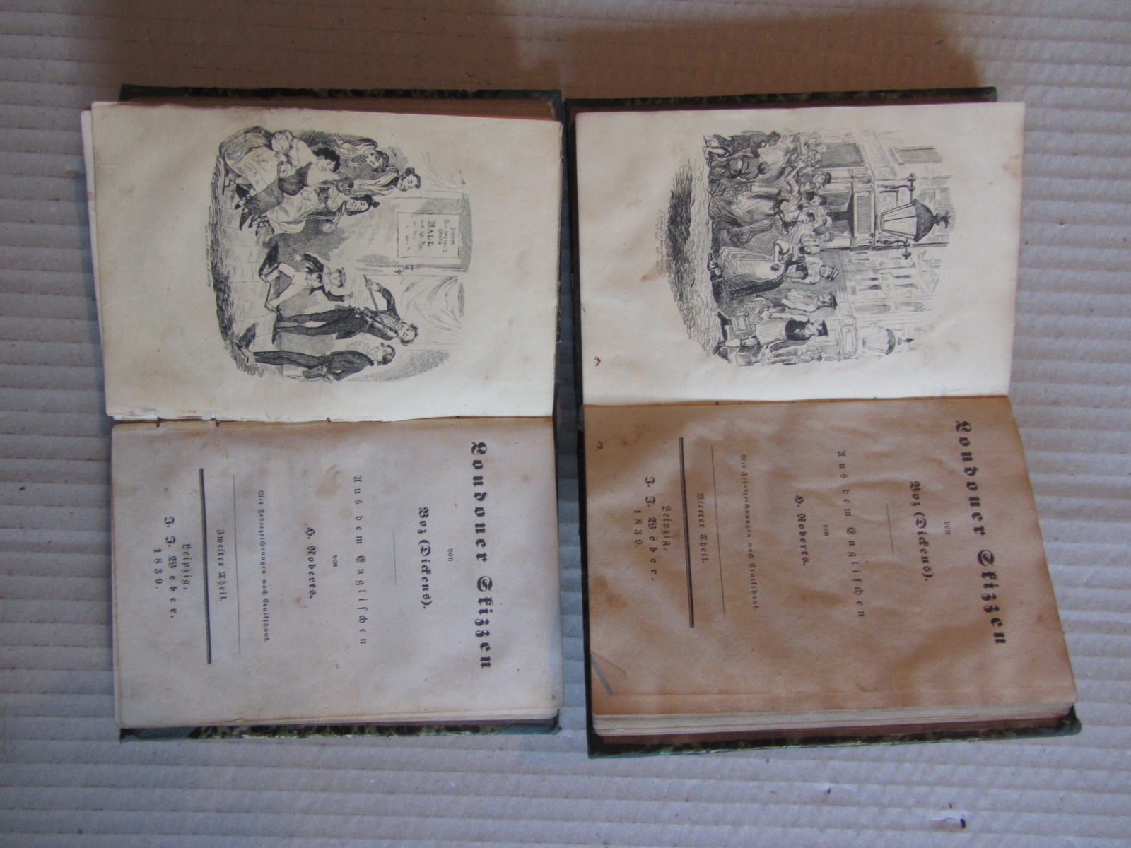Dickens, Charles:  Londoner Skizzen von Boz (Dickens). 1.-4. Theil (in 2 Bänden) Aus dem Englischen von H. Roberts. 