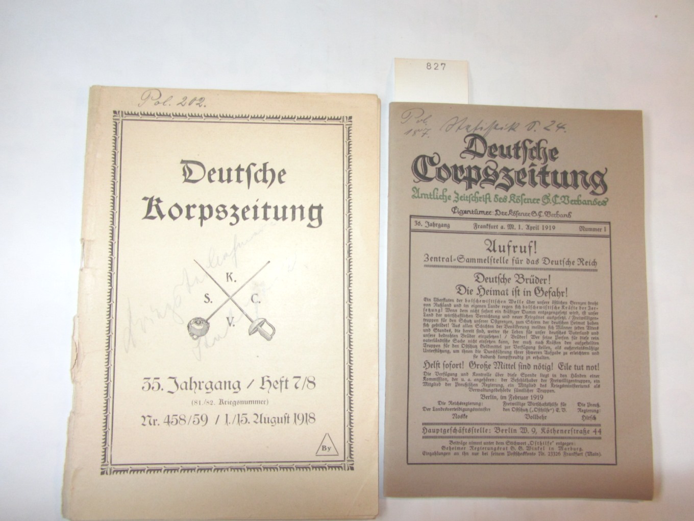   Deutsche Corpszeitung. 35.Jg., Nr. 1/1919. Amtliche Zeitschrift des Kösener S.C. Verbandes. 
