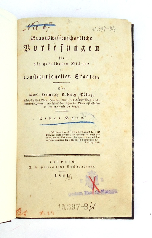 Pölitz, Karl Heinrich Ludwig  Staatswissenschaftliche Vorlesungen für die gebildeten Stände in constitutionellen Staaten. 3 Bände (Komplett). 