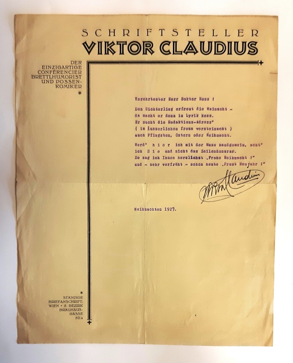 Artistik - Claudius, Viktor  1 eigenhändig unterzeichnetes Widmungsgedicht zu Weihnachten 1927. 