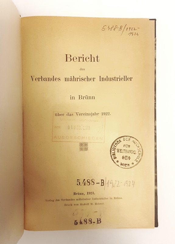 Mähren -  Bericht des Verbandes mährischer Industrieller in Brünn. 14 Jahrgänge (1922-1924, 1927-1937) in 5 Bänden gebunden. 