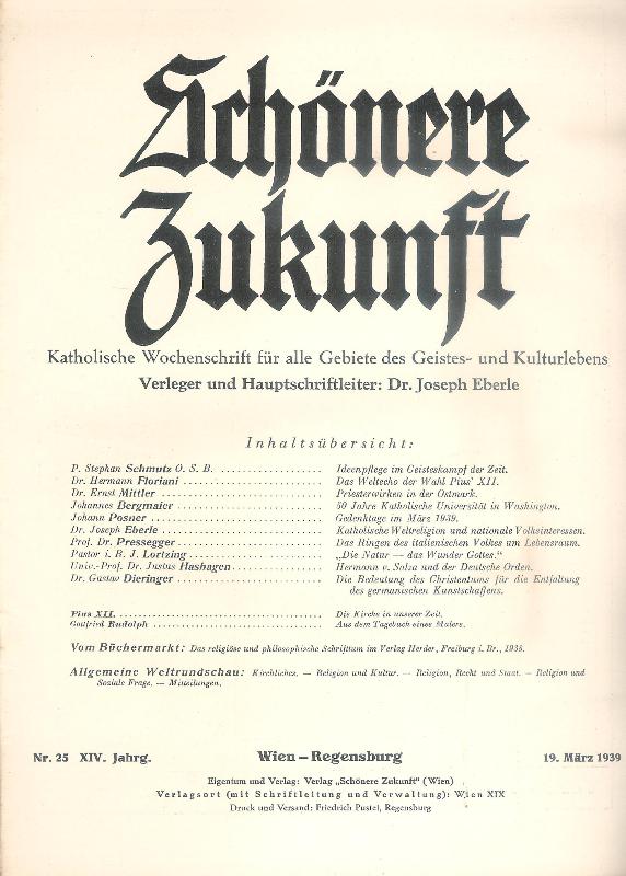Eberle, Joseph (Hg.)  Schönere Zukunft. Katholische Wochenschrift für Religion und Kultur. Kompletter 14. Jahrgang (Heft 1-52). 