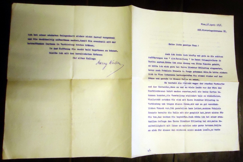 Walden, Harry  Maschinengeschriebener Brief mit eigenhäniger Unterschrift von Harry Walden am 15. VI. 1919. 