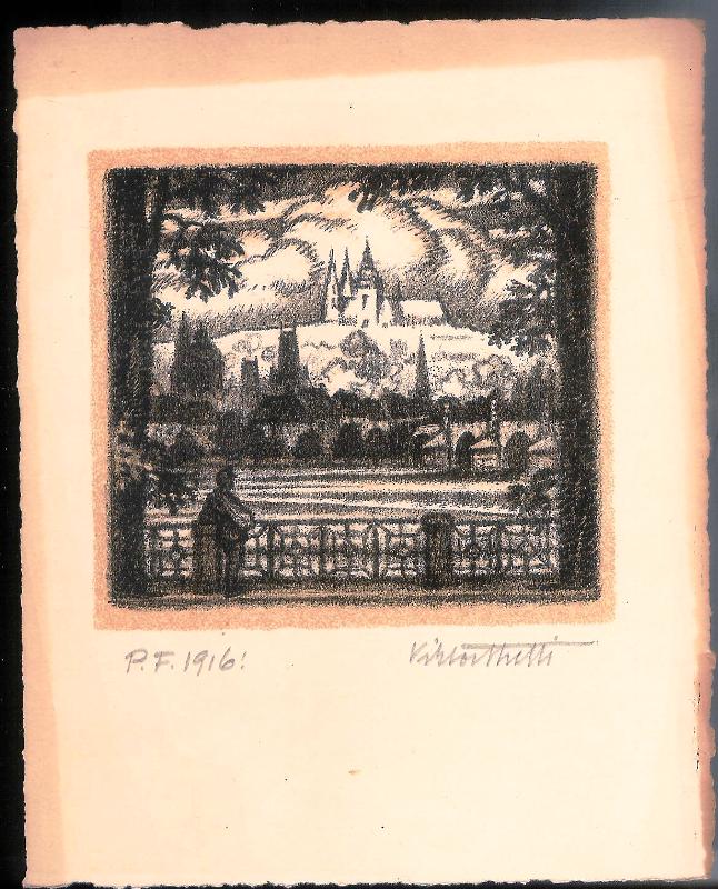 Stretti, Viktor  Moldau, Prager Burg und Karlsbrücke. Original-Lithographie von Viktor Stretti für Friedrich Perutz aus dem Jahre 1916. 
