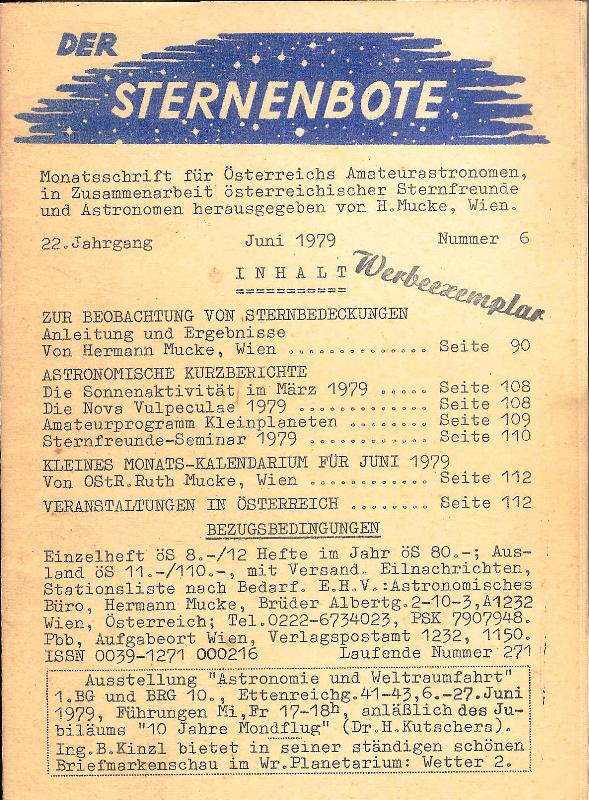 Mucke, Hermann (Hg.)  Der Sternenbote. Monatsschrift für Österreichs Amateurastronomen, in Zusammenarbeit österreichischer Sternfreunde und Astronomen. Nr. 6. 22. Jahrgang. Juni 1979. 