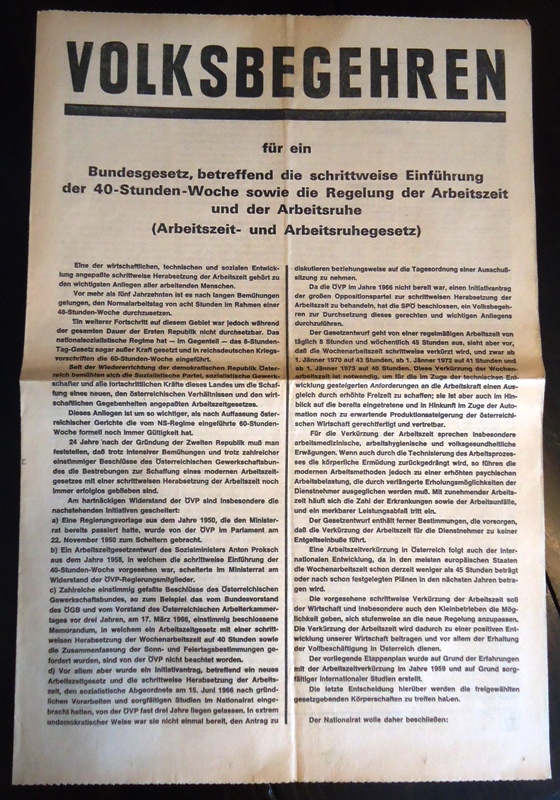 Volksbegehren 1969 -  Doppelblatt zum Volksbegehren für eine 40-Stunden-Woche in Österreich aus dem Jahre 1969. Vermutlich Beilage zur Arbeiter-Zeitung. 