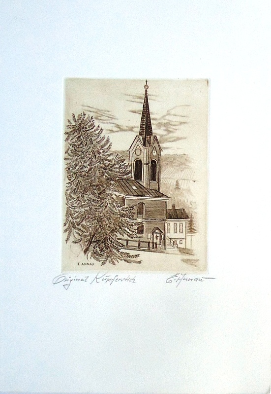 Neustift am Walde (Kupferstich) / Annau, Ernst  Neustifter Kirche. Original-Kupferstich von Ernst Annau. 