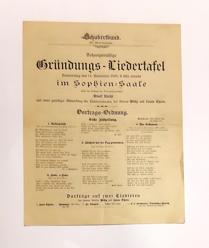 Schubertbund  Satzungsmäßige Gründungs-Liedertafel. Donnerstag den 14. November 1895 im Sophien-Saale. Vorträge auf zwei Clavieren. Vorträge des Puhm-Quartettes. 