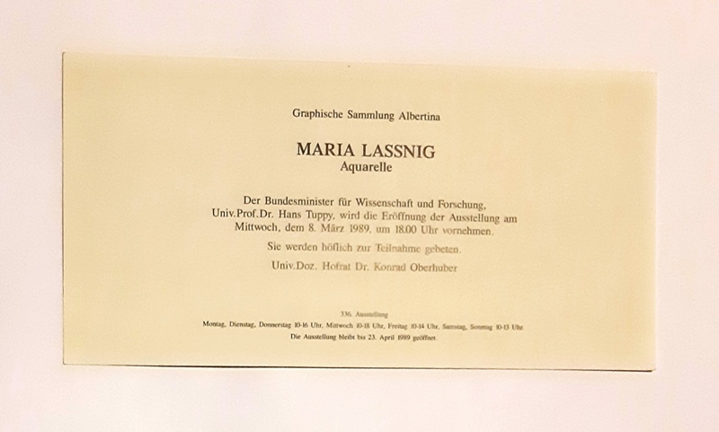 Lassnig, Maria  Einladungskarte Graphische Sdammlung Albertina, Maria Lassnig Aquarelle. 8. März 1989. 