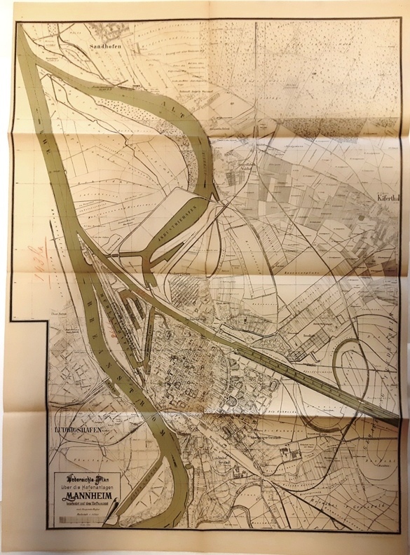 Hafen Mannheim -  Lithographierter Übersichts-Plan über die Hafenanlagen in Mannheim, bearbeitet auf dem Tiefbauamt. Maßstab 1:12500 (1892-1898). 