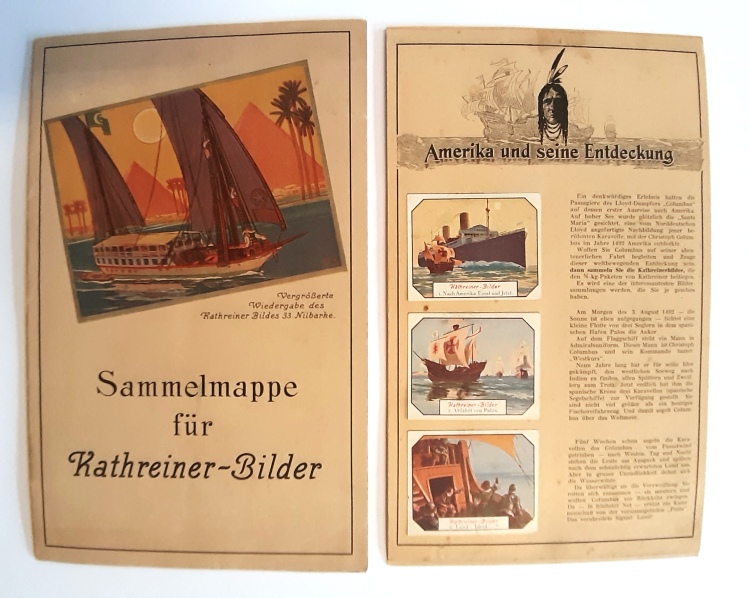 Kathreiner Bilder Sammelmappe  SCHIFFE - 1. Serie: Amerika und seine Entdeckung / 2. Serie: Schiffe Einst und Jetzt. 38 Bilder auf 5 Bögen, beidseitig beklebt. Komplett. 