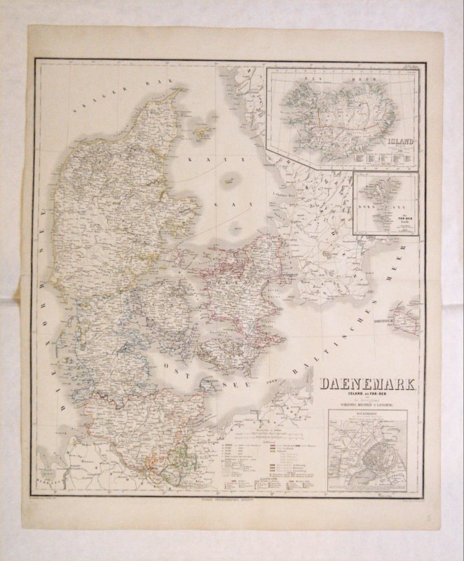 Dänemark, Isalnd - Landkarte  Daenemark, Island, die Far-oer und die Herzogthümer Schleswig, Holstein & Lauenburg. 