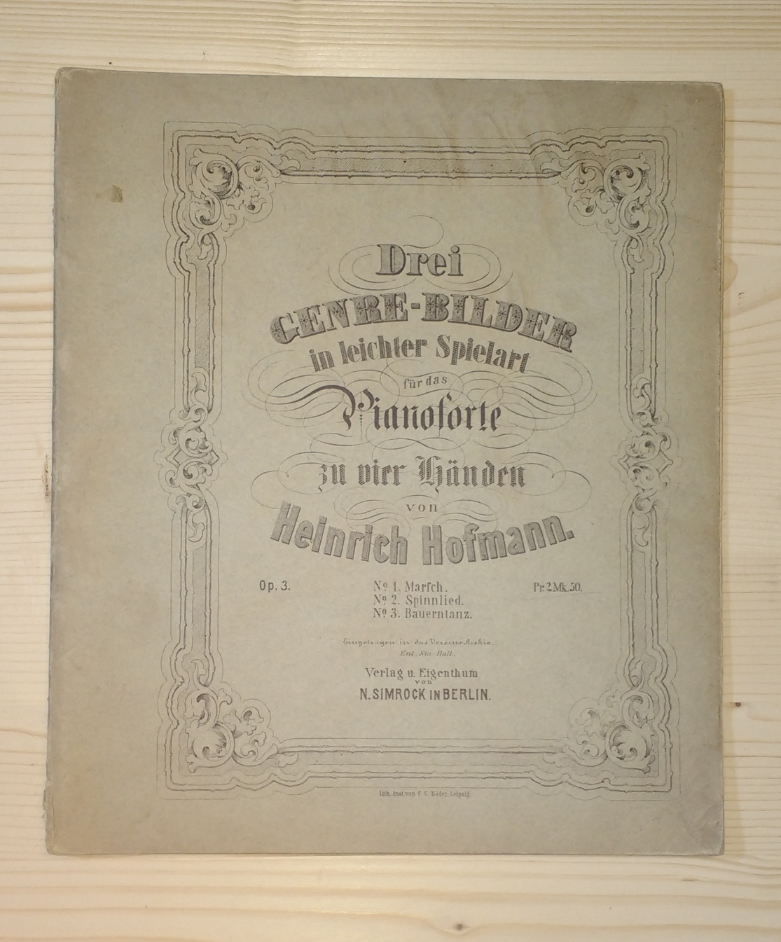 Hofmann, Heinrich:  Drei Genre-Bilder in leichter Spielart für das Pianoforte zu vier Händen von Heinrich Hofmann. Op. 3 
