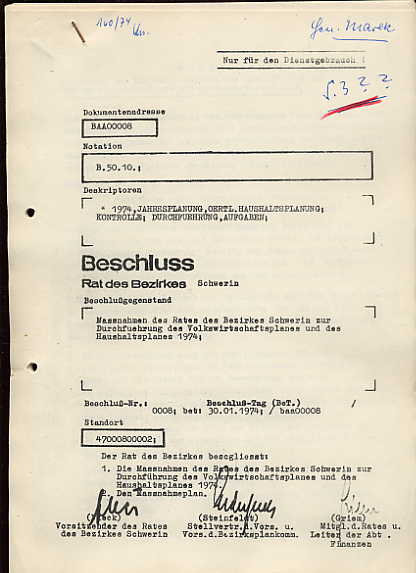   Maßnahmen des Rates des Bezirkes Schwerin zur Durchführung des Volkswirtschaftsplanes und des Haushaltsplanes 1974. Beschluß Rat des Bezirkes Schwerin. 