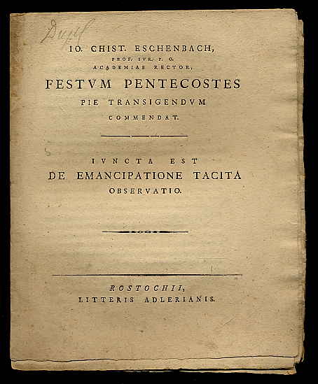 Eschenbach, Johann Christian:  Festum pentecostes pie transigendum commendat. Iuncta est de emancipatione Tacita observatio. 