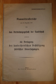   Kommittenbericht vom 13. Dezember 1917 über das Vertretungsgesuch der Landschaft betreffend die Versagung der landesherrlichen Bestätigung städtischer Steuersatzungen. Landtags-Drucksache 1917 Nr. 12. 