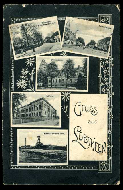   Gruss aus Lübtheen. Ansichtskarte mit mehreren Ansichten und Gebäuden. 