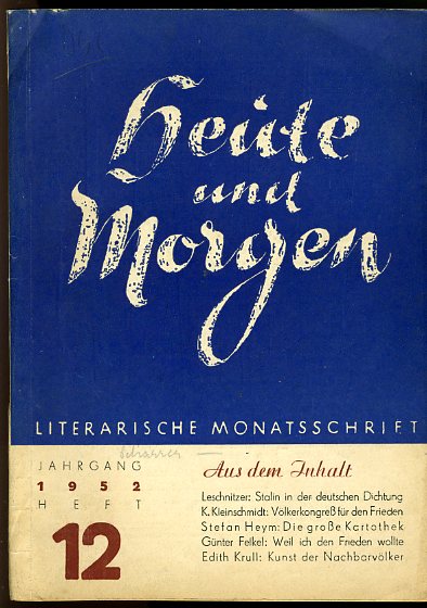 Bredel, Willi (Hrsg.):  Heute und Morgen. Literarische Monatsschrift. Jg. 1952 (nur) Heft 12. 