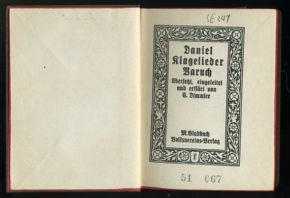   Daniel Klagelieder Baruch. Übersetzt, eingeleitet und erläutert von Emil Dimmler. 