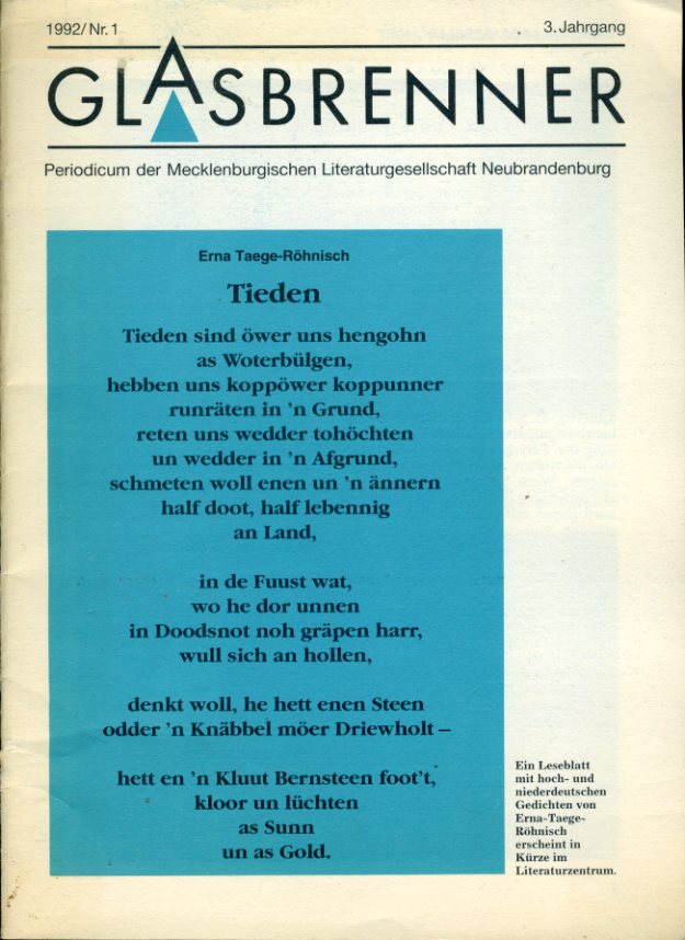   Glasbrenner. Periodicum der Mecklenburgischen Literaturgesellschaft Neubrandenburg. 3. Jg. Nr. 1. 