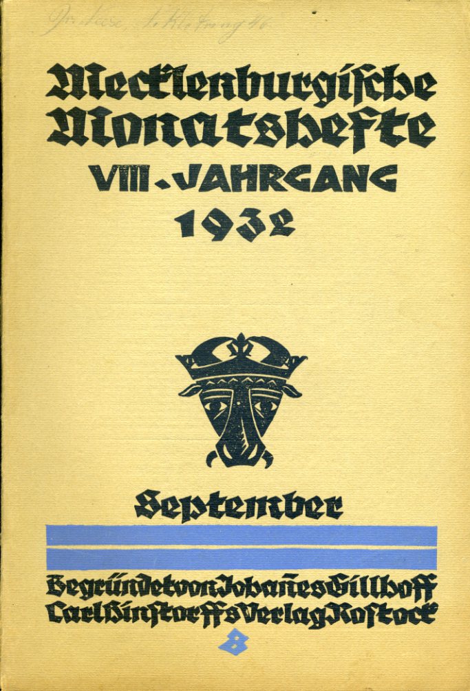   Mecklenburgische Monatshefte. Jg. 8 (nur) Heft 9, September 1932. 