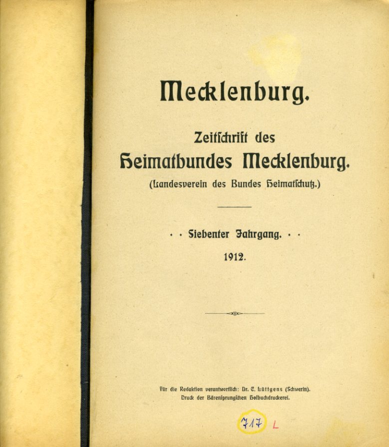   Mecklenburg. Zeitschrift des Heimatbundes Mecklenburg. 7. Jg. (nur) Heft 1. 
