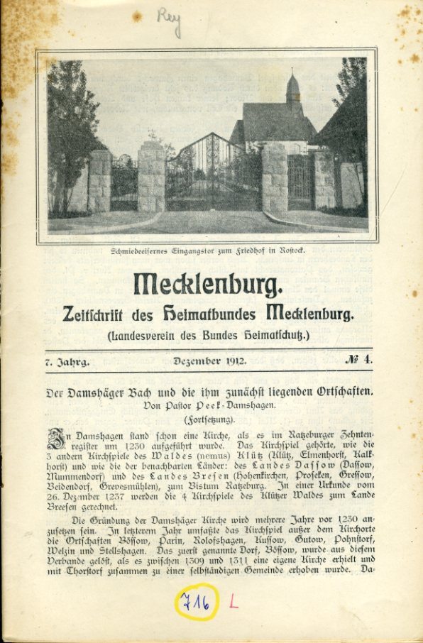   Mecklenburg. Zeitschrift des Heimatbundes Mecklenburg. 7. Jg. (nur) Heft 4. 
