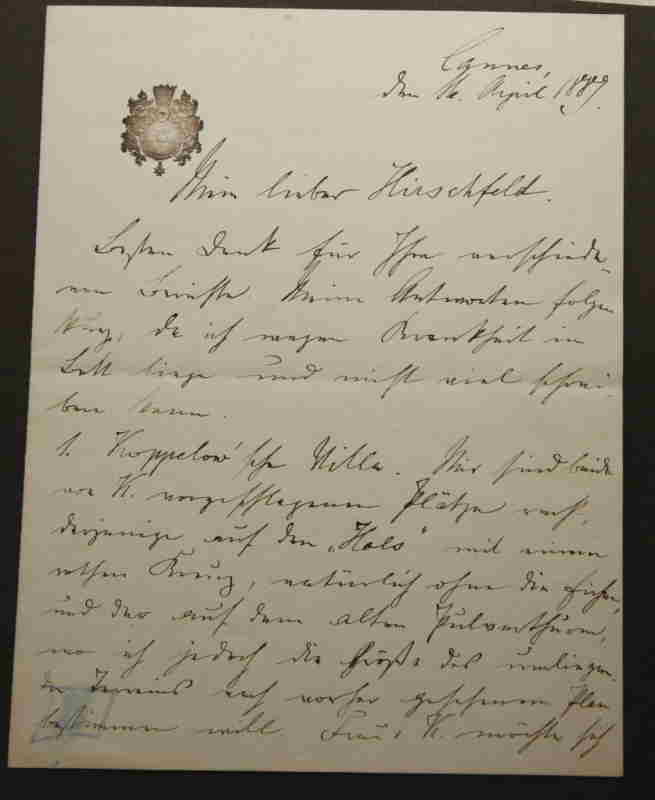 Friedrich Franz III. (Mecklenburg)  Persönlicher Brief  an Staatsminister Hirschfeld in Schwerin. Unikat. 