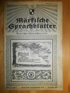 Schulze, Werner: (Hrsg.)  Märkische Sprachblätter. Deutscher Sprachverein / Gauverband Brandenburg. Jahrg. 17, Heft 3: November 1941. 
