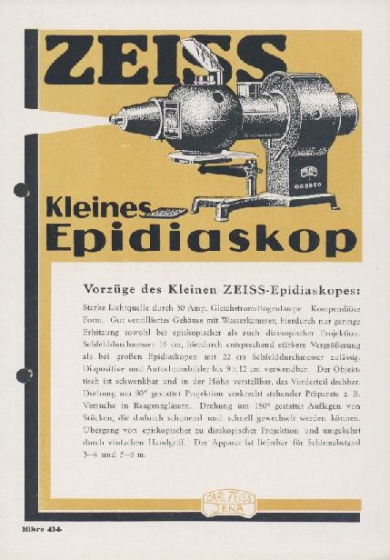Zeiss, Carl  Kleines Zeiss-Epidiaskop. Zeiss-Druckschrift Mikro 434. Prospekt. 