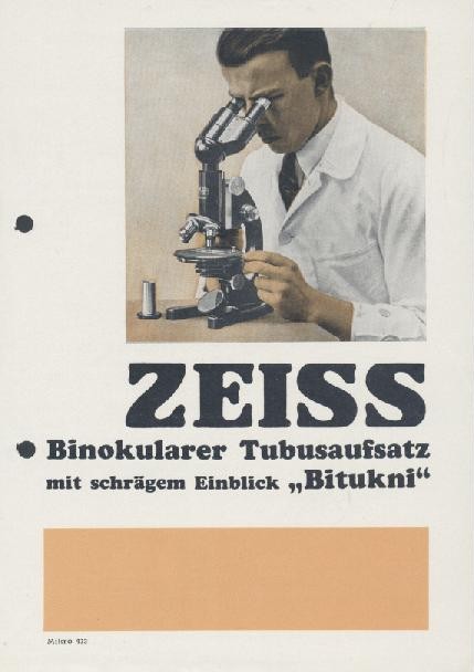 Zeiss, Carl  Zeiss Binokularer Tubusaufsatz mit schrägem Aufblick "Bitukni". Zeiss-Druckschrift Mikro 433. Prospekt. 