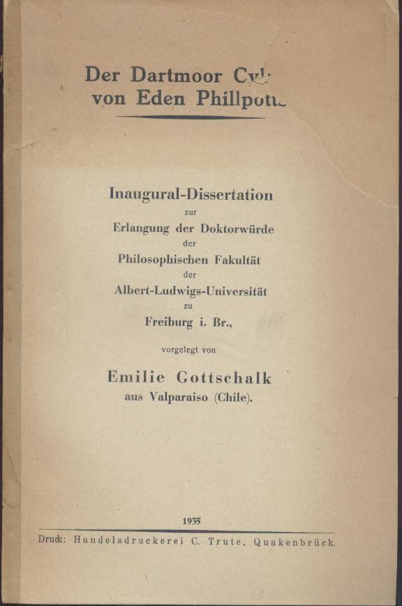 Gottschalk, Emilie  Der Dartmoor Cyklus von Eden Phillpotts. Dissertation. 