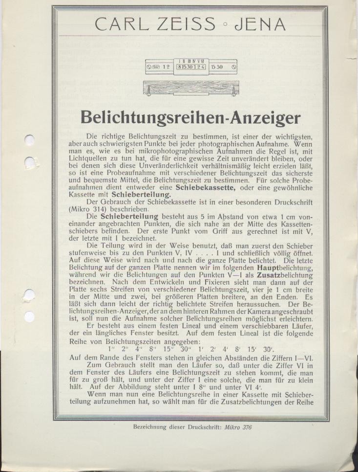 Zeiss, Carl  Zeiss Belichtungsreihen-Anzeiger. Zeiss-Druckschrift Mikro 376. Prospekt. 
