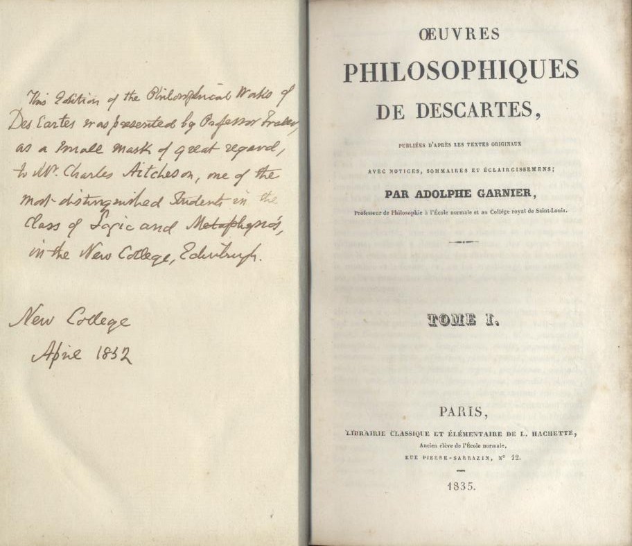 Descartes, René  Oeuvres Philosophiques de Descartes, pubilées d'après les textes originaux avec notices, sommaires et éclaircissemens par Adolphe Garnier. 4 volumes. 