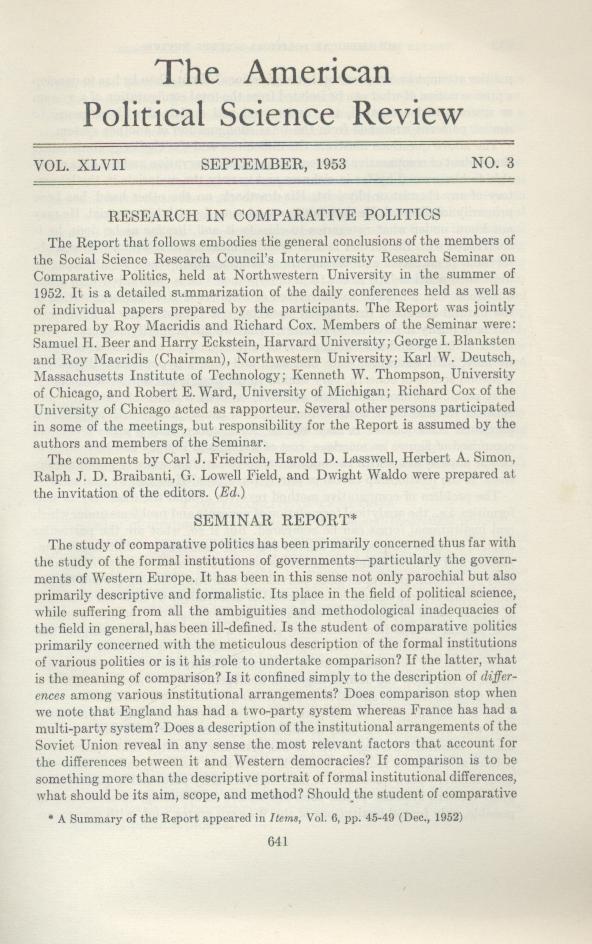 American Political Science Association (ed.)  Research in Comparative Politics. Reprint from: The American Political Science Review, Vol. XVIII, No. 3, September 1953. 