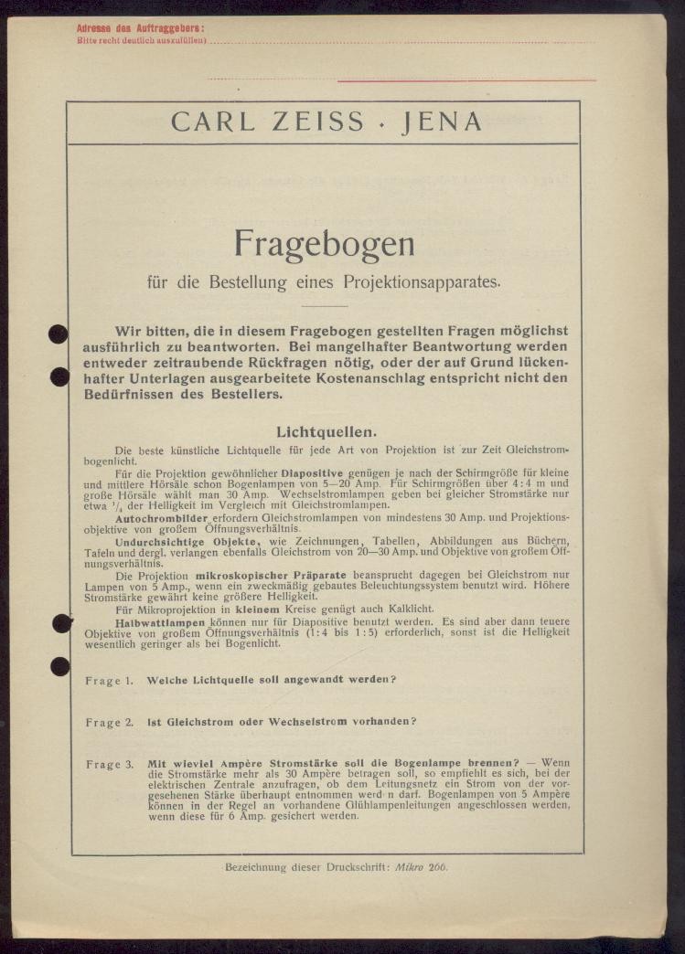 Zeiss, Carl  Fragebogen für die Bestellung eines Projektionsapparates. Zeiss-Druckschrift Mikro 266. 