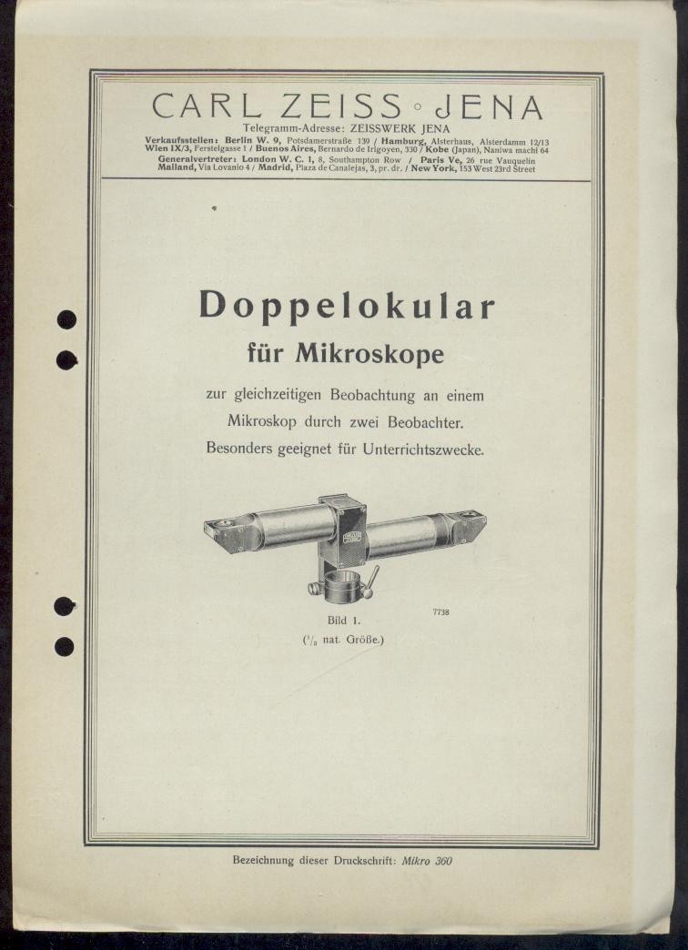 Zeiss, Carl  Doppelokular für Mikroskope zur gleichzeitigen Beobachtung an einem Mikroskop durch zwei Beobachter. Zeiss-Druckschrift Mikro 360. 
