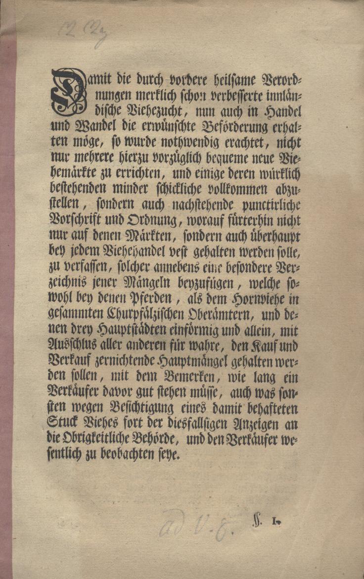 Venningen, Carl Philipp von  Vorschrift und Ordnung der Kurpfälzischen Regierung zu Viehmärkten und Viehhandel vom 20. März 1776. 