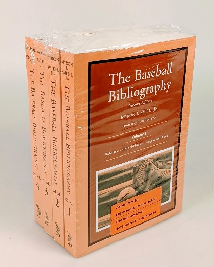 Smith, Myron J.:  The Baseball Bibliography - 4 volume set : 1. A: reference works, B: general works, history, and special studies, C: professional leagues and teams / 2. D: youth league, college, foreign, and amateur/semi-pro baseball, E: baseball rules and techniques, F: collective biography, G: individual biography Aaron - Encarnacion / 3. G: individual biography Engel - Oxley / 4. G: individual biography Oyley - Zwissig, journals, periodicals and magazines examined, index of names and subjects. 