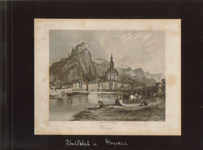 (Powell)  Dinant (Stahlstich "Gesamtansicht über die Maas mit obengelegener Burg, Waschfrauen und Booten) 