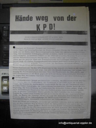 Kommunistischer Studentenverband  Hände weg von der KPD! (Flugblatt gegen die Besetzung der Parteizentrale der KPD in Dortmund durch die Polizei und für die Freilassung des Genossen Jürgen Horlemann) 