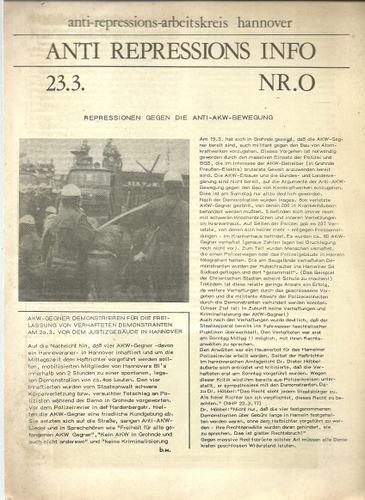 Internationalismus Buchladen (Hg.)  Anti Repressions Info Nr. 0 (23.3.1977) (Repressionen gegen die Anti-AKW-Bewegung) 